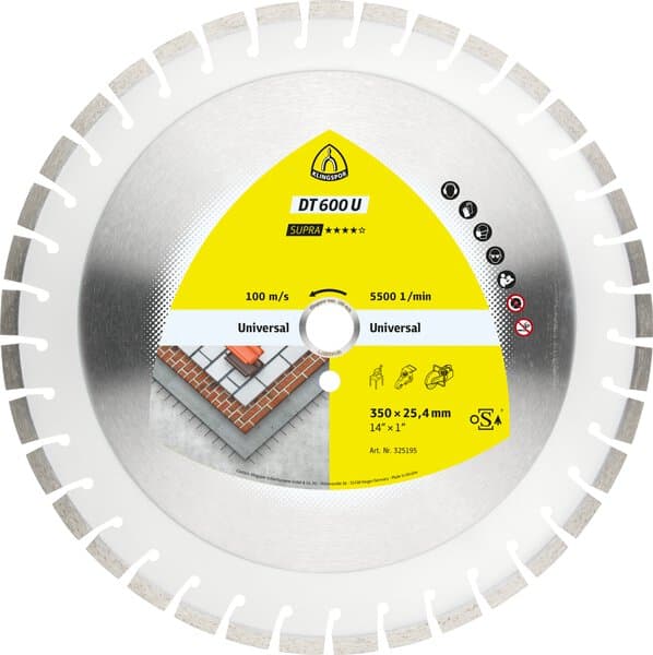 A circular silver Klingspor DT600 U Diamond Disc, 300x20mm, with segmented edges and a yellow label showing size details.