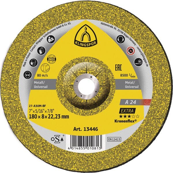 A yellow and black Klingspor 188465 A24EX Grinding Disc for metal/universal use, size 115x6x22mm. Other sizes available.