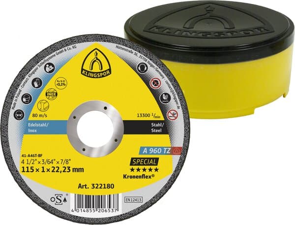 A Klingspor 322180 A960TZ cutting disc with a yellow protective case; the label shows technical specs and safety icons.