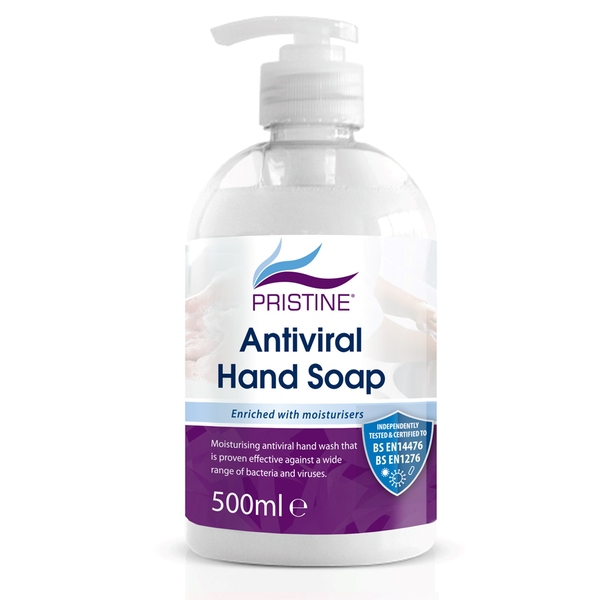 A clear pump bottle labelled PRISTINE Hygiene Pearl Hand Soap, enriched with moisturisers. The label has purple and blue accents.