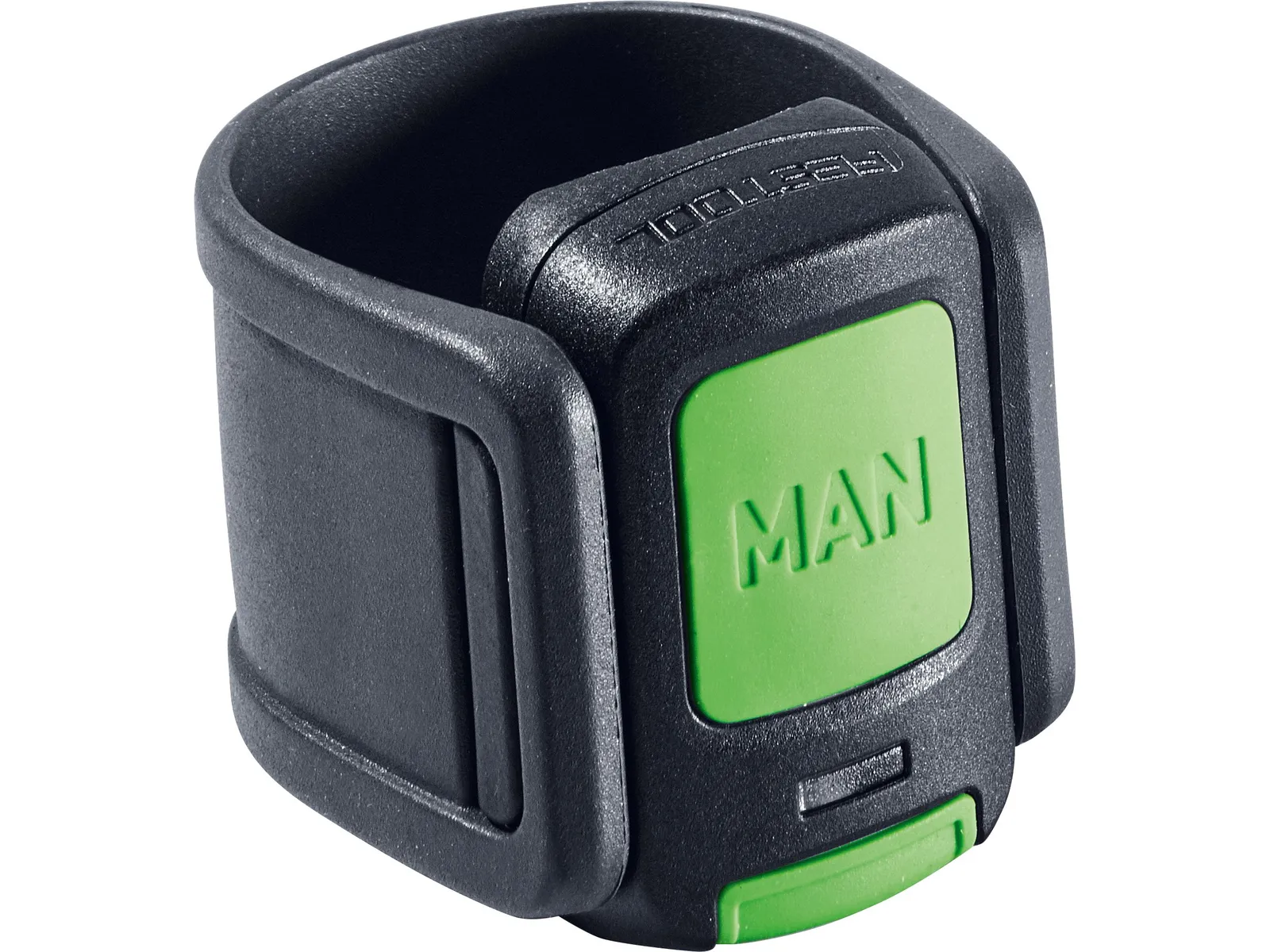 Black and green plastic wrist device with a flexible, adjustable strap—ideal for pairing with the Festool 578499 Remote control CT-F I.