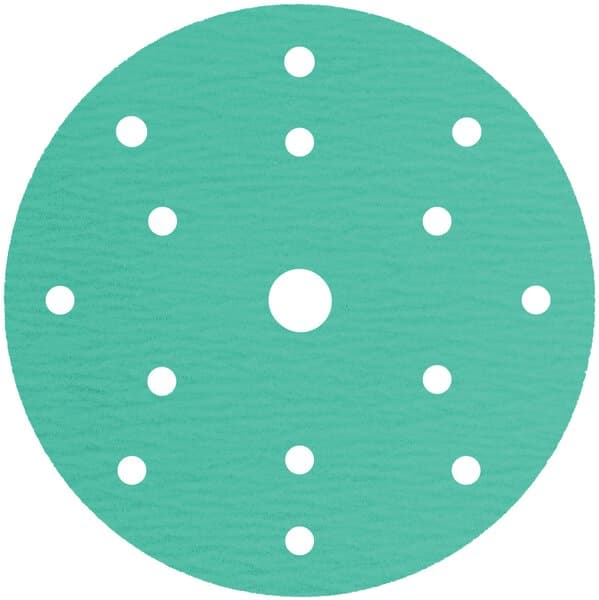 A 150mm round green sanding disc, model 353206 PS77CK, P120 grit, with a textured surface and no holes.