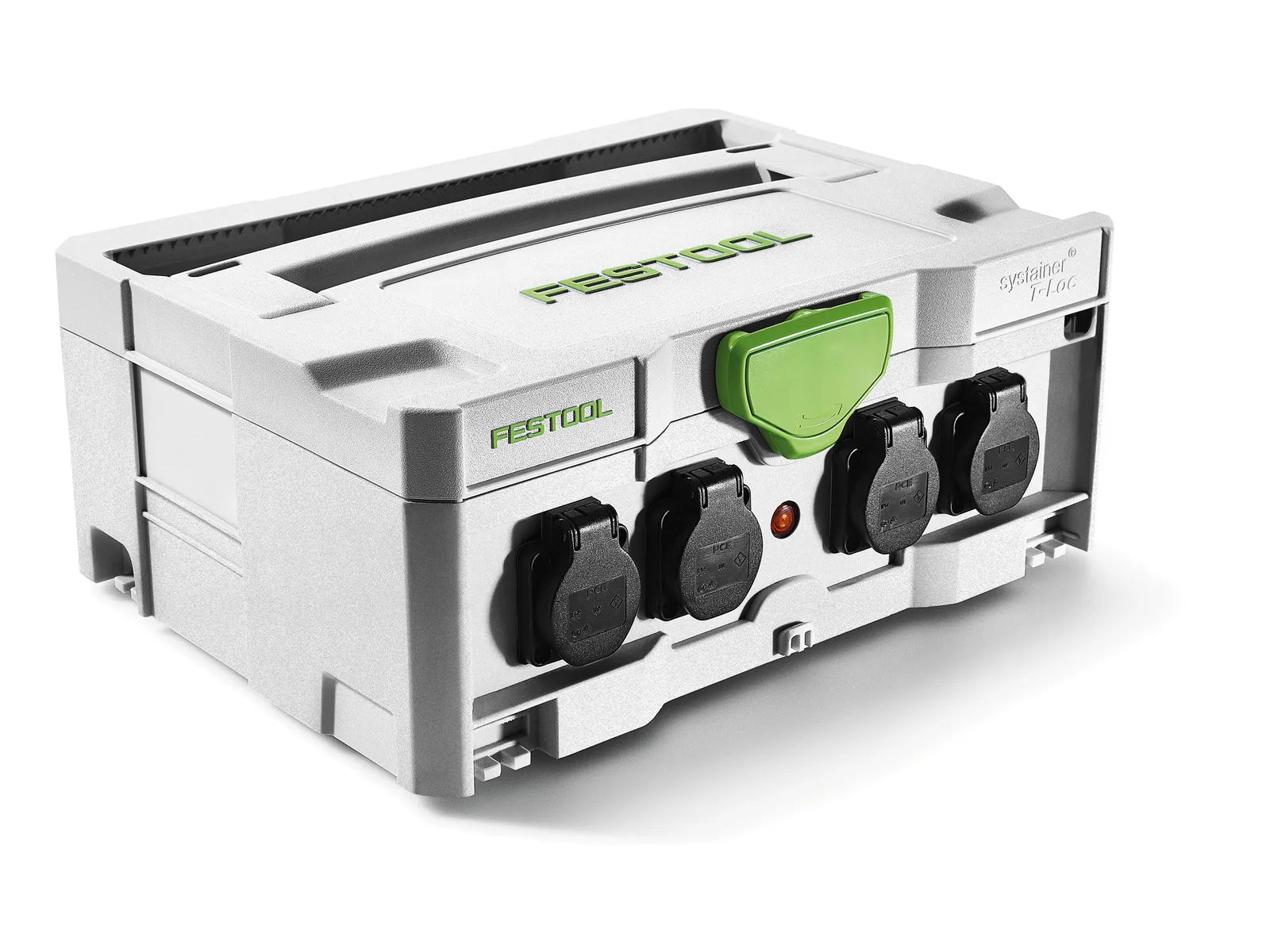 The Festool 578574 SYS-PowerHub SYS3-PH M 187 is gray with a green handle, four black front outlets, and stackable design.