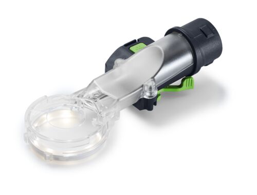A close-up of a transparent plastic and metal tool attachment with green accents and a black connector, on a white background.