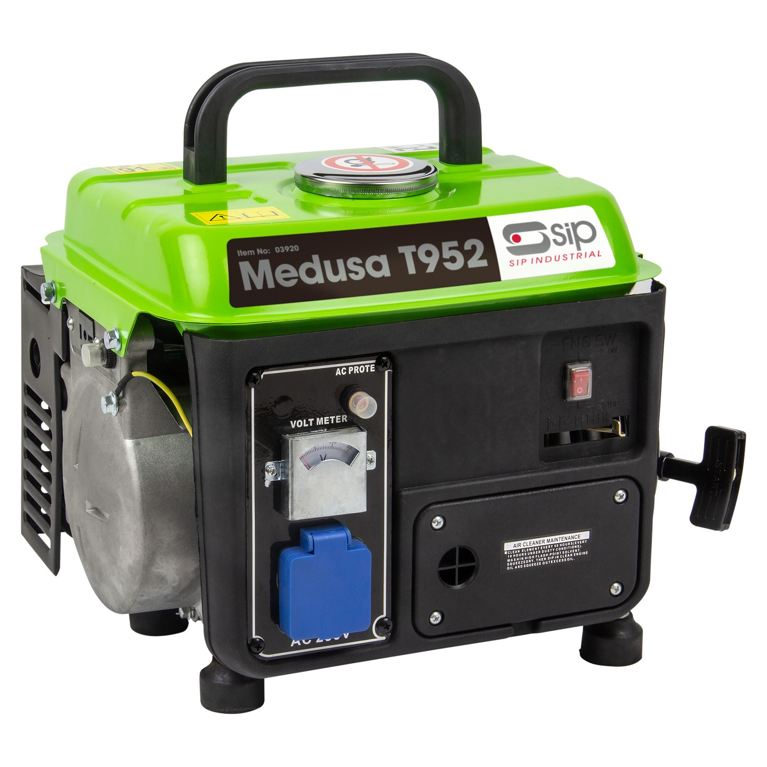 A compact SIP Medusa T952 generator with a green top, black body, control panel, handle, manual start lever, voltmeter, and outlets.