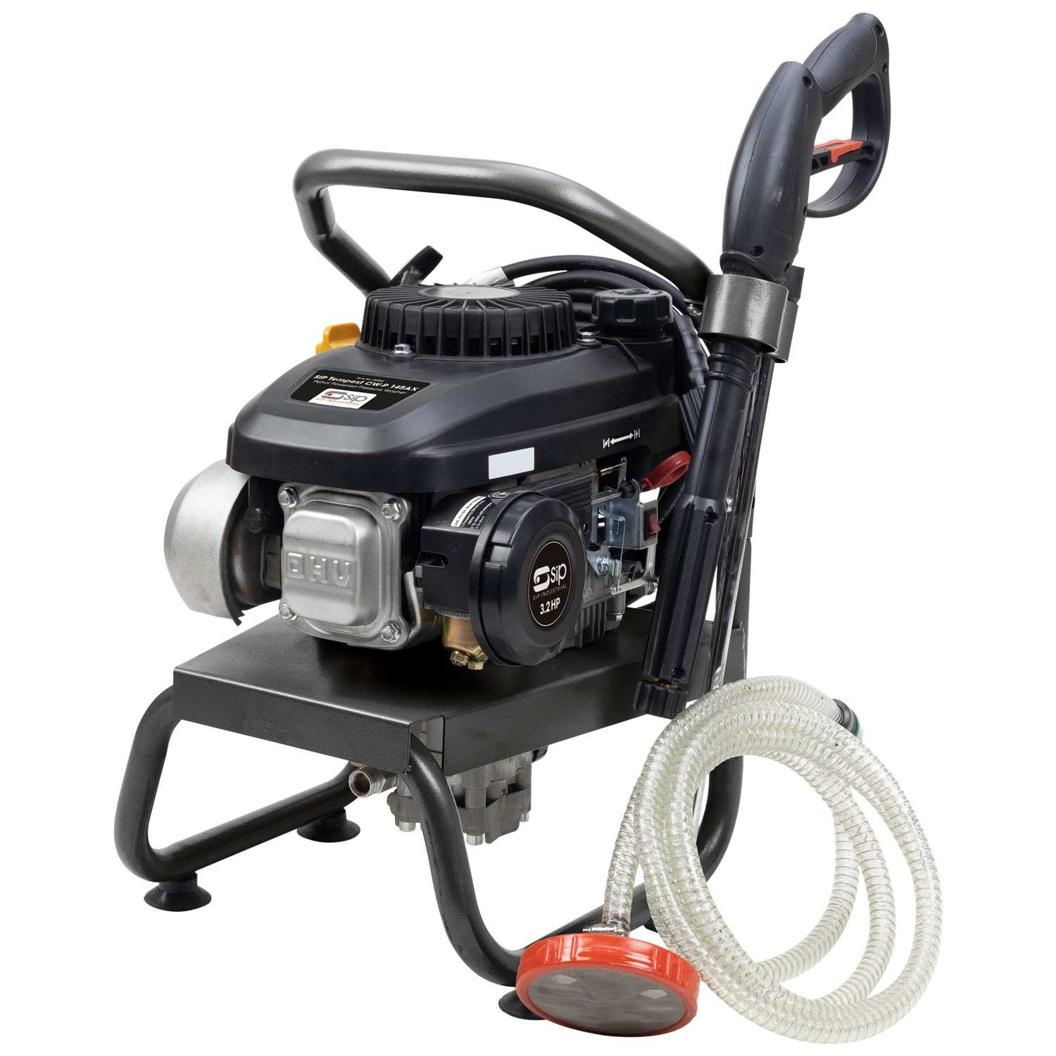 A portable gasoline-powered water pump with a black handle, coiled hose, and nozzle on a metal frame with rubber feet for stability.
