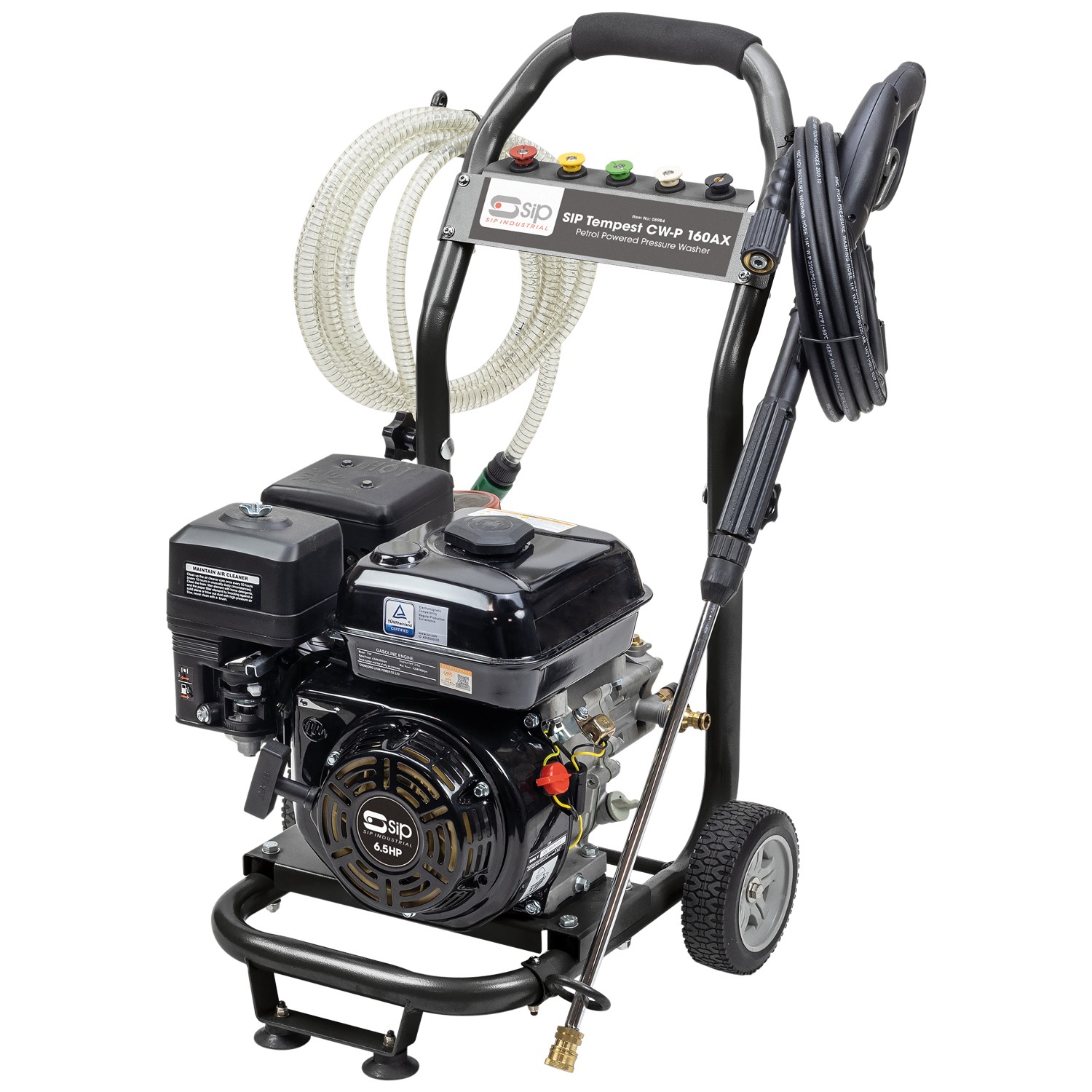 A black SIP Tempest pressure washer with a hose, trigger gun, and wheels, featuring a control panel and engine for heavy-duty cleaning.