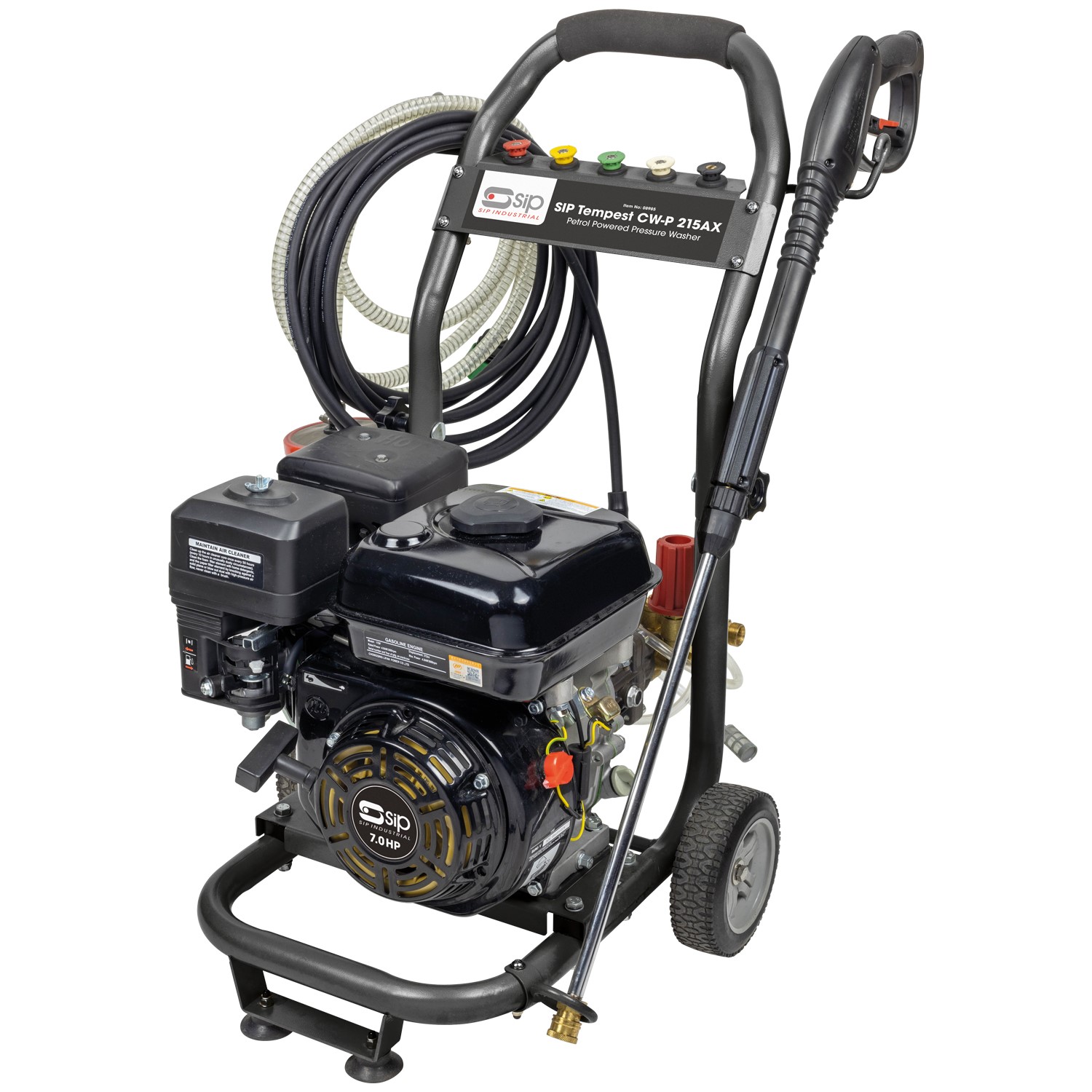 A black wheeled pressure washer with a hose, control panel, engine, various attached hoses, and handles on top for maneuvering.