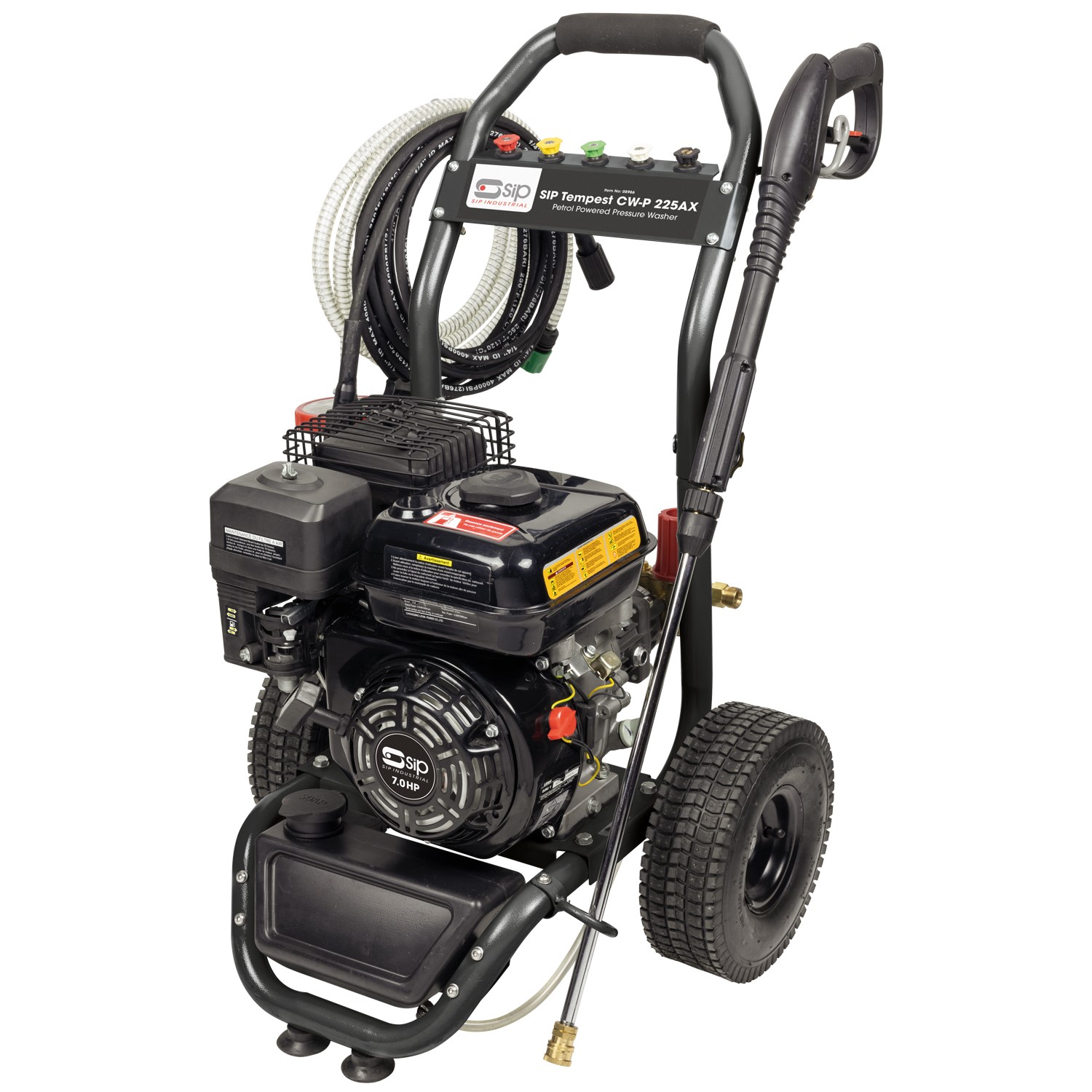 A black wheeled pressure washer with a mounted engine, coiled hoses, control panel, and large tires for portability.