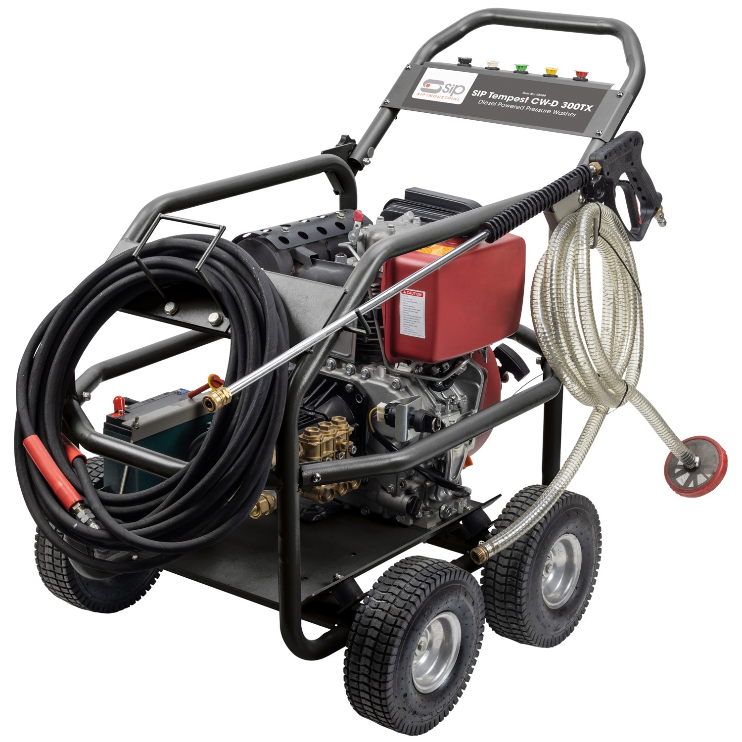 The SIP TEMPEST CW-D 300TX Diesel Pressure Washer features four large wheels, metal frame, coiled hoses, red engine, and controls.