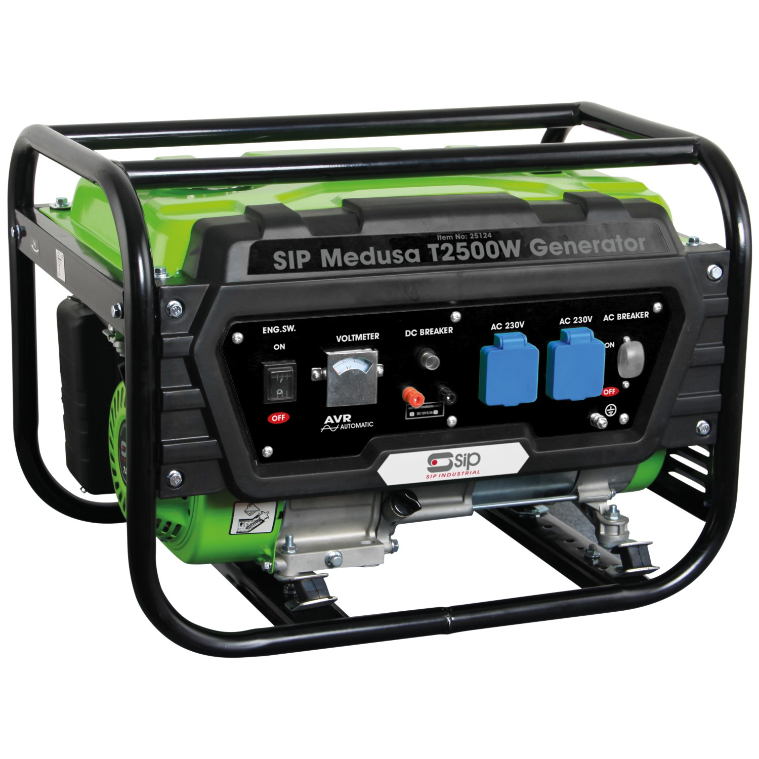 A green and black SIP Medusa T2500W portable generator with a control panel, switches, sockets, and indicators in a metal frame.