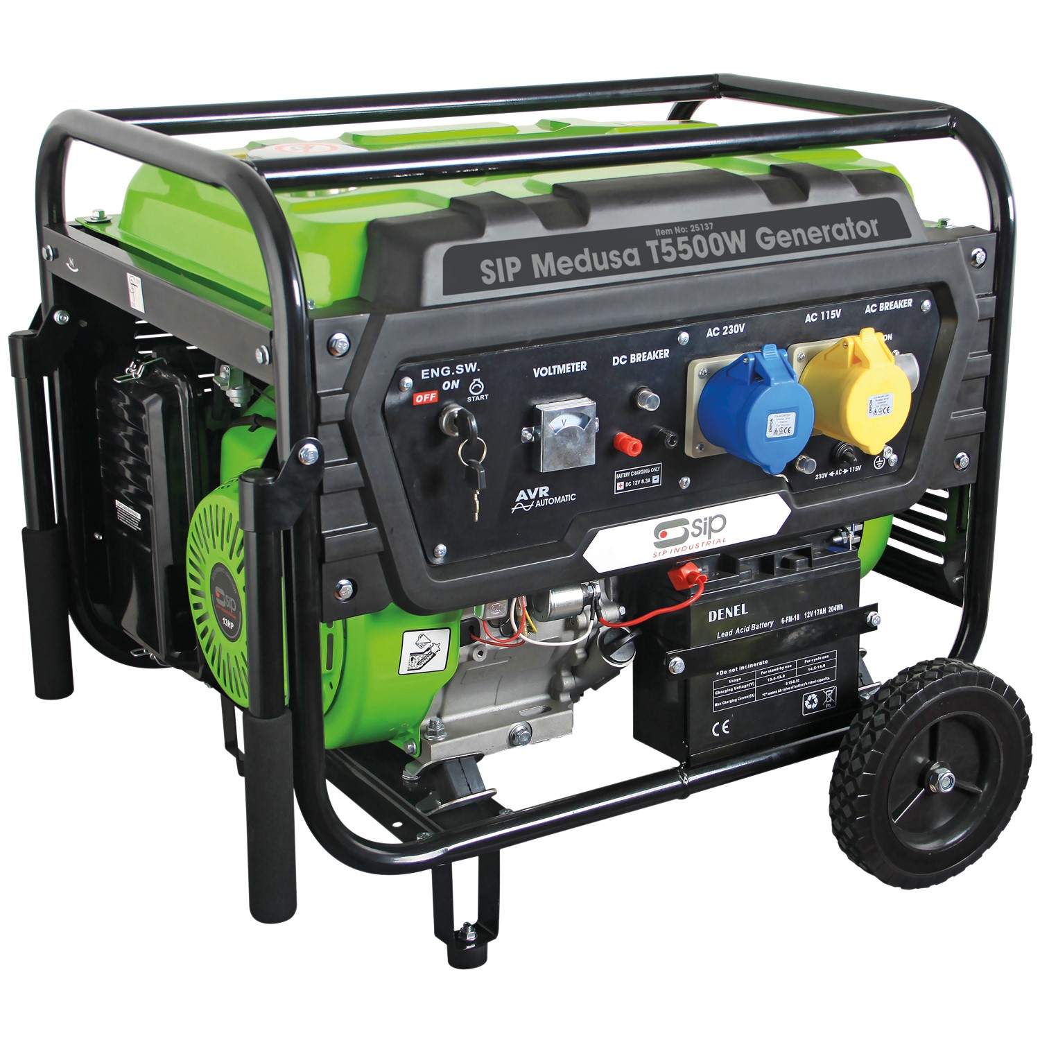 A green and black portable SIP Medusa T5500W generator with control panel, power outlets, transport wheels, and metal frame.