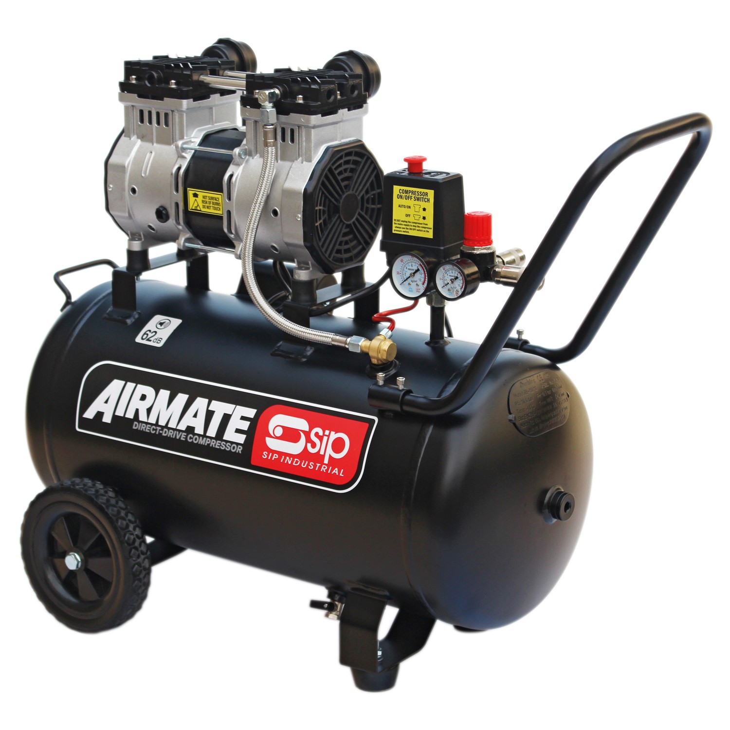 Black SIP Airmate portable air compressor with two gauges, control switches, wheels, a handle, and a motor on a cylindrical tank.