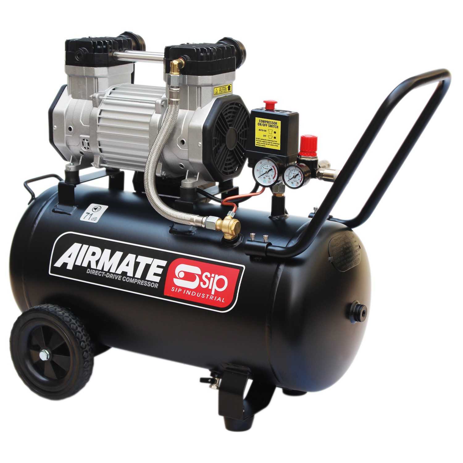 A black SIP Airmate air compressor with wheels, handle, pressure gauges, and a silver motor on top, designed for industrial use.