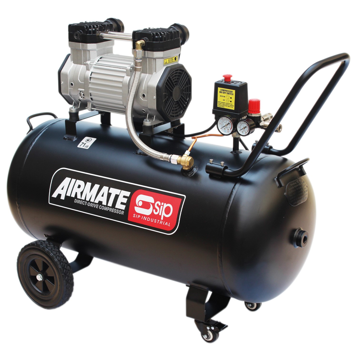 A black, horizontal air compressor with two wheels, a handle, pressure gauges, and a motor mounted on top.