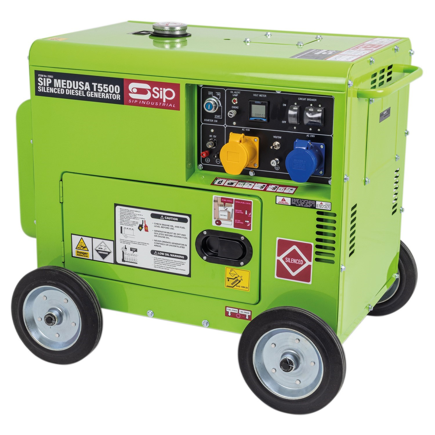 A green SIP Medusa T5500 silenced diesel generator on wheels, with control panels, multiple sockets, and side labels visible.