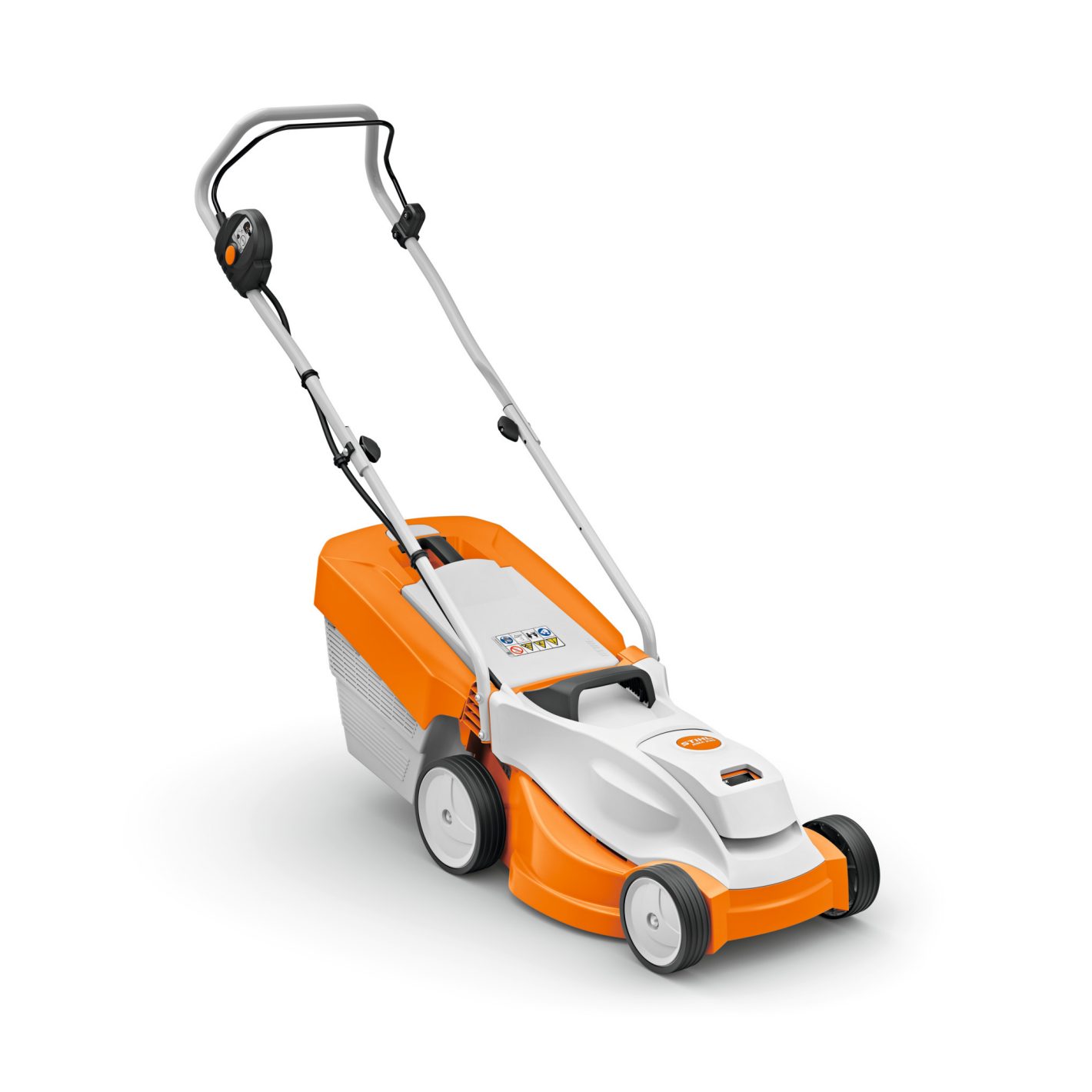 The Stihl RMA 235.1 (AK) Lawn Mower has a white and orange design with an ergonomic handle and a grass collection bag.