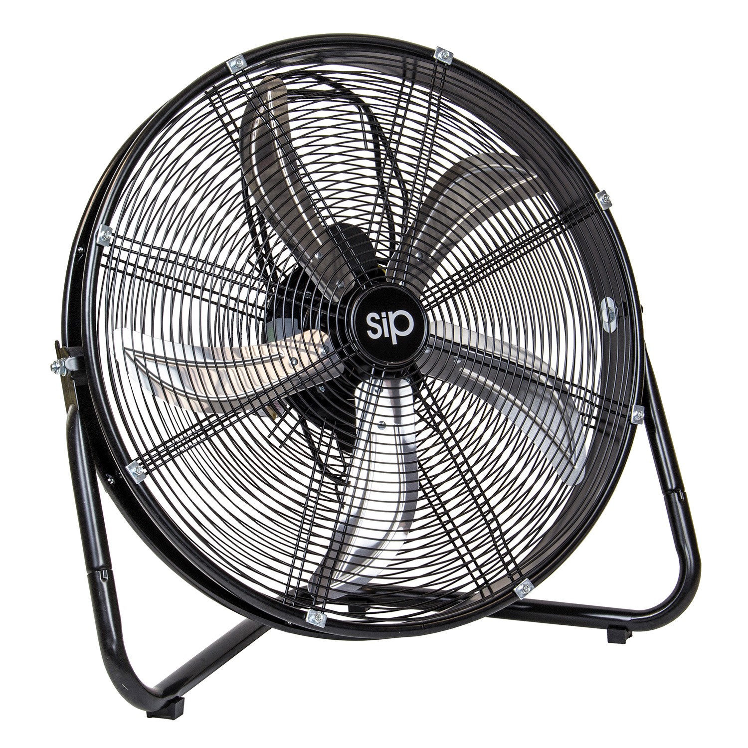 A large black metal floor fan with a circular protective grille, three blades, and a sturdy frame, angled on a white background.