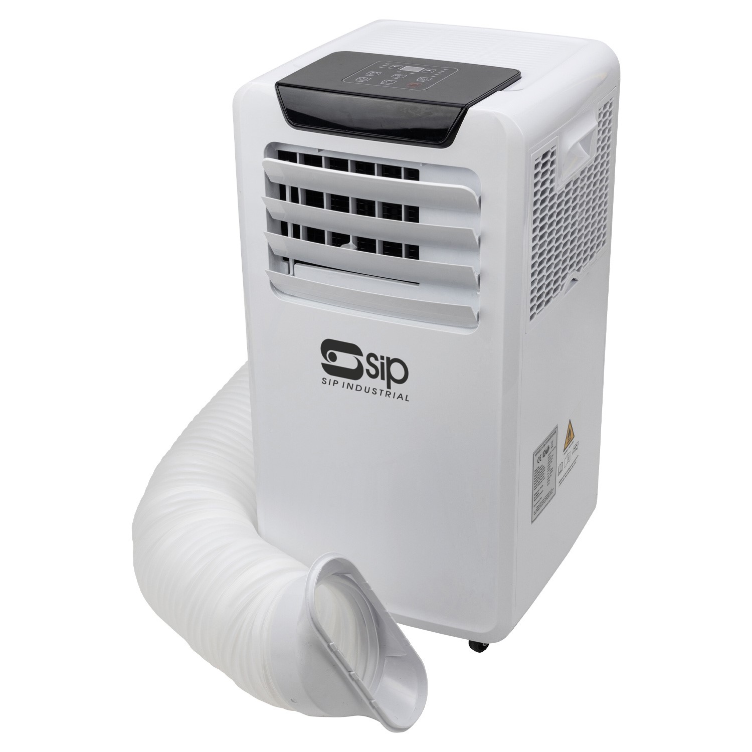 A portable white SIP Industrial air conditioner with a digital control panel, front air vents, and a flexible exhaust hose for ventilation.