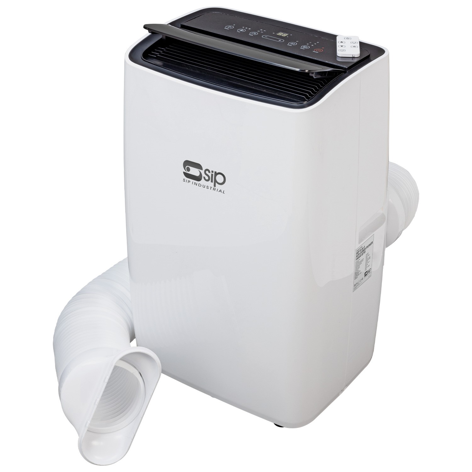 A portable white SIP Industrial air conditioner with a top control panel, air vents, and a side exhaust hose against a plain background.