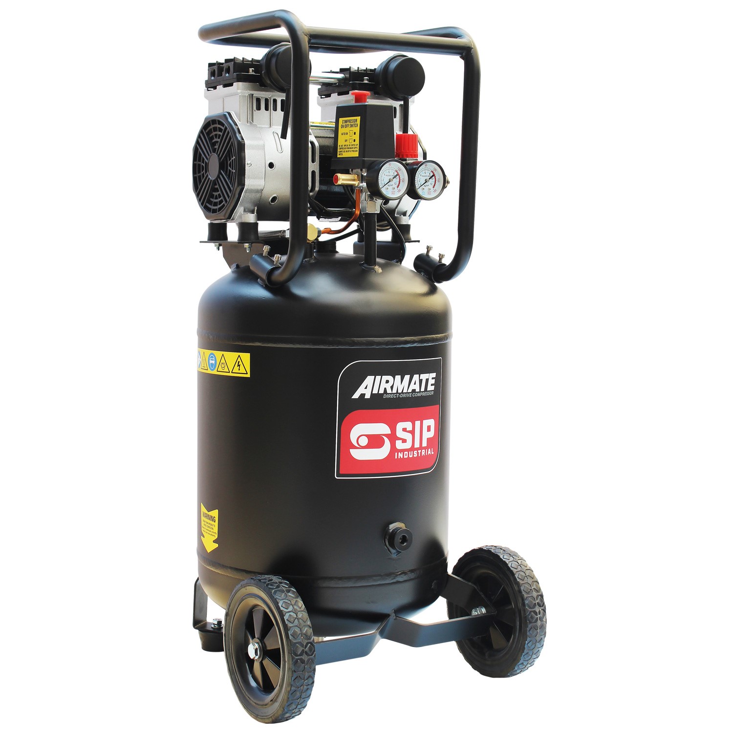 A black SIP Airmate air compressor with a vertical tank, gauges, and controls on top. It has a handle and two large wheels for mobility.