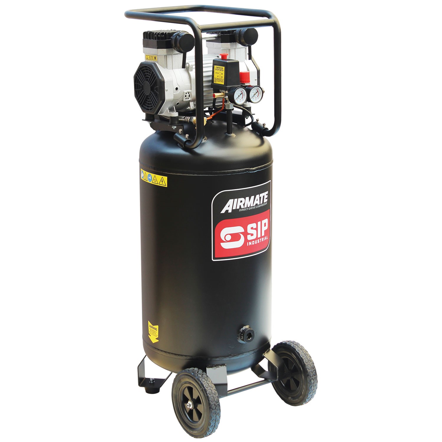 A black vertical air compressor with a handle, pressure gauges, and two wheels at the base.