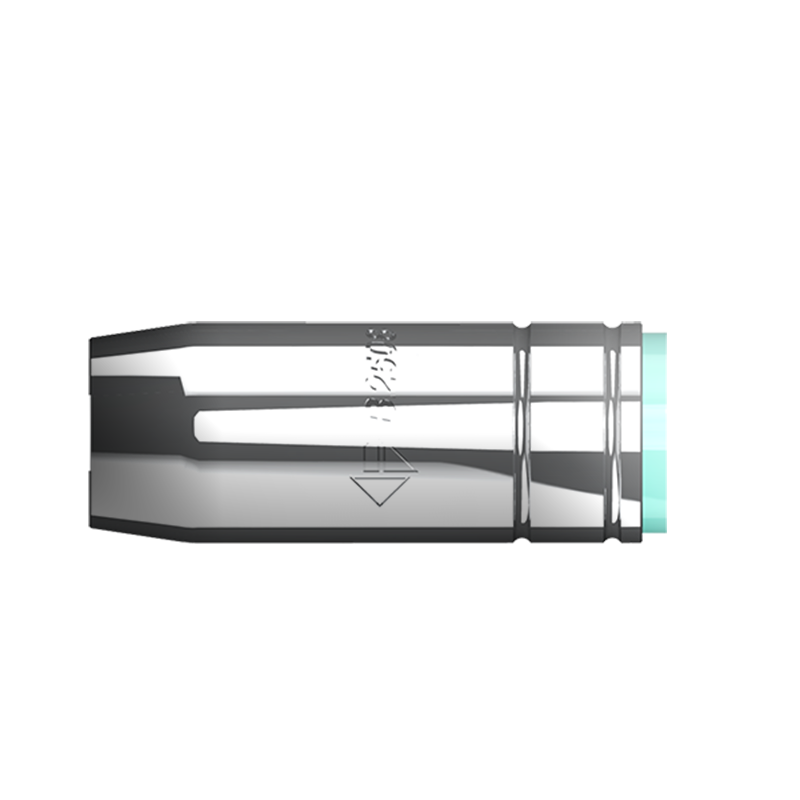 Close-up of a silver metallic fountain pen nib with engraved markings, attached to a light turquoise barrel, isolated on black.