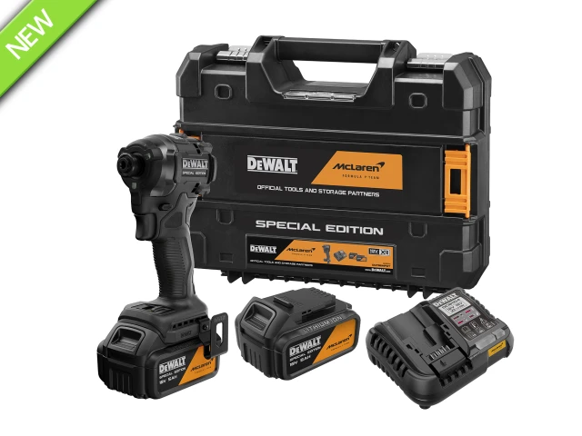 DeWalt McLaren Special Edition tool kit with cordless impact driver, two batteries, charger, and black case with orange accents.