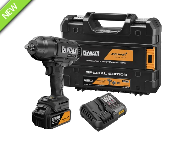 A black and orange DeWALT McLaren Special Edition power tool set, including a cordless impact wrench, battery, charger, and case.