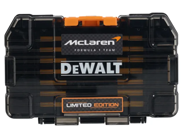 A black limited edition DeWalt tool box with orange accents and McLaren Formula 1 Team branding on the front.