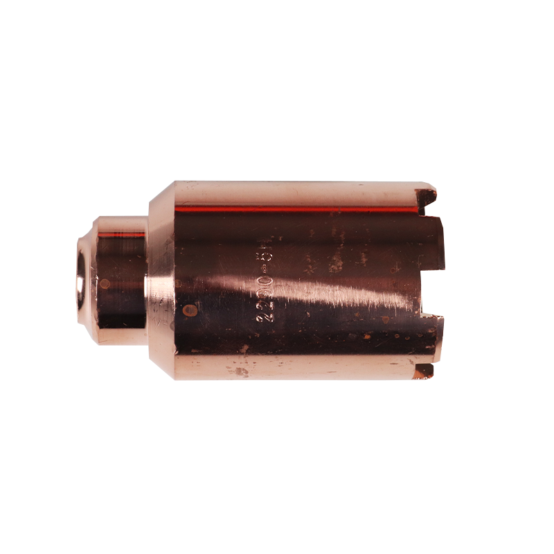 A copper-colored metal nozzle or cutting tip with a cylindrical body and notched end, isolated on a plain white background.