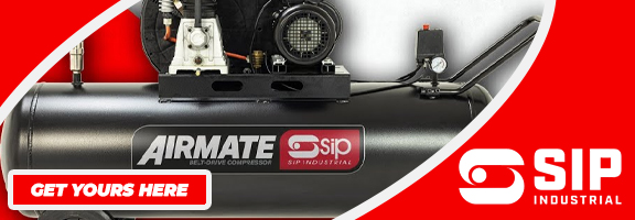 A black SIP Airmate air compressor displayed on a white and red background.