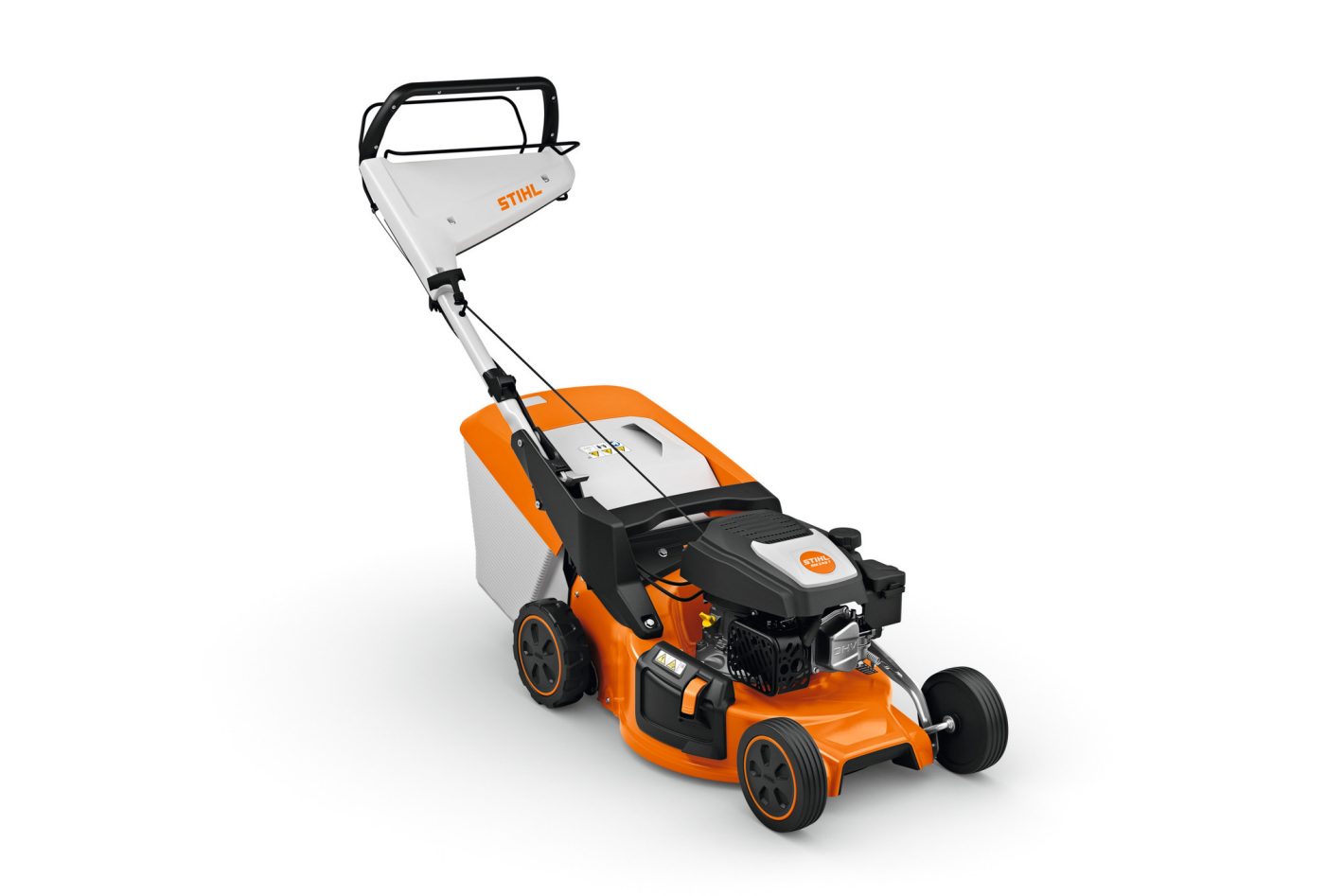 The Stihl RM 248.3 T (EU1) Lawn mower has an orange and white body, black handle, and four wheels on a white background.