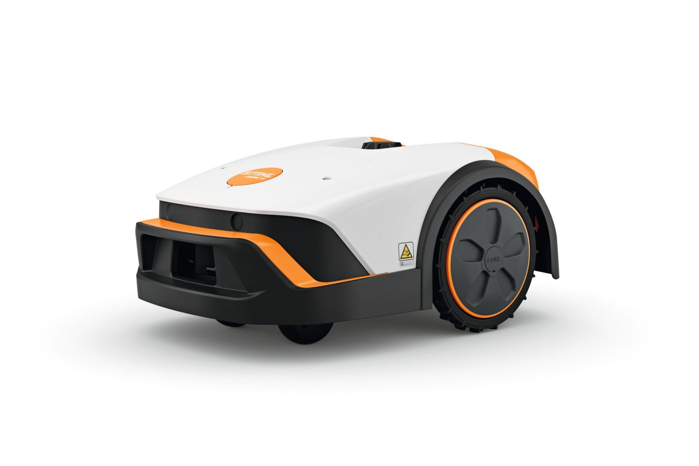 The Stihl iMOW 4.0 (GB) Robot mower has a compact, sleek white and orange body with black wheels on a white background.