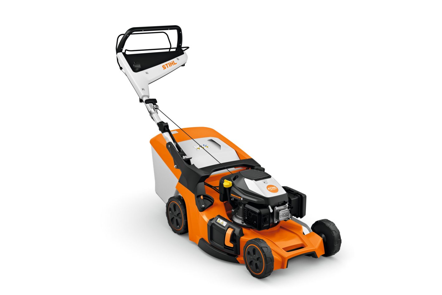 The Stihl RM 453.3 V (EU1) Lawn Mower in orange, white, and black with a rear grass collector is displayed on a plain white background.