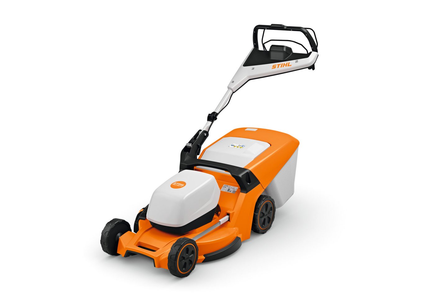 The Stihl RMA 453.3 PV (AP) lawnmower in orange and white with grass bag, adjustable handle, and large rear wheels on white.