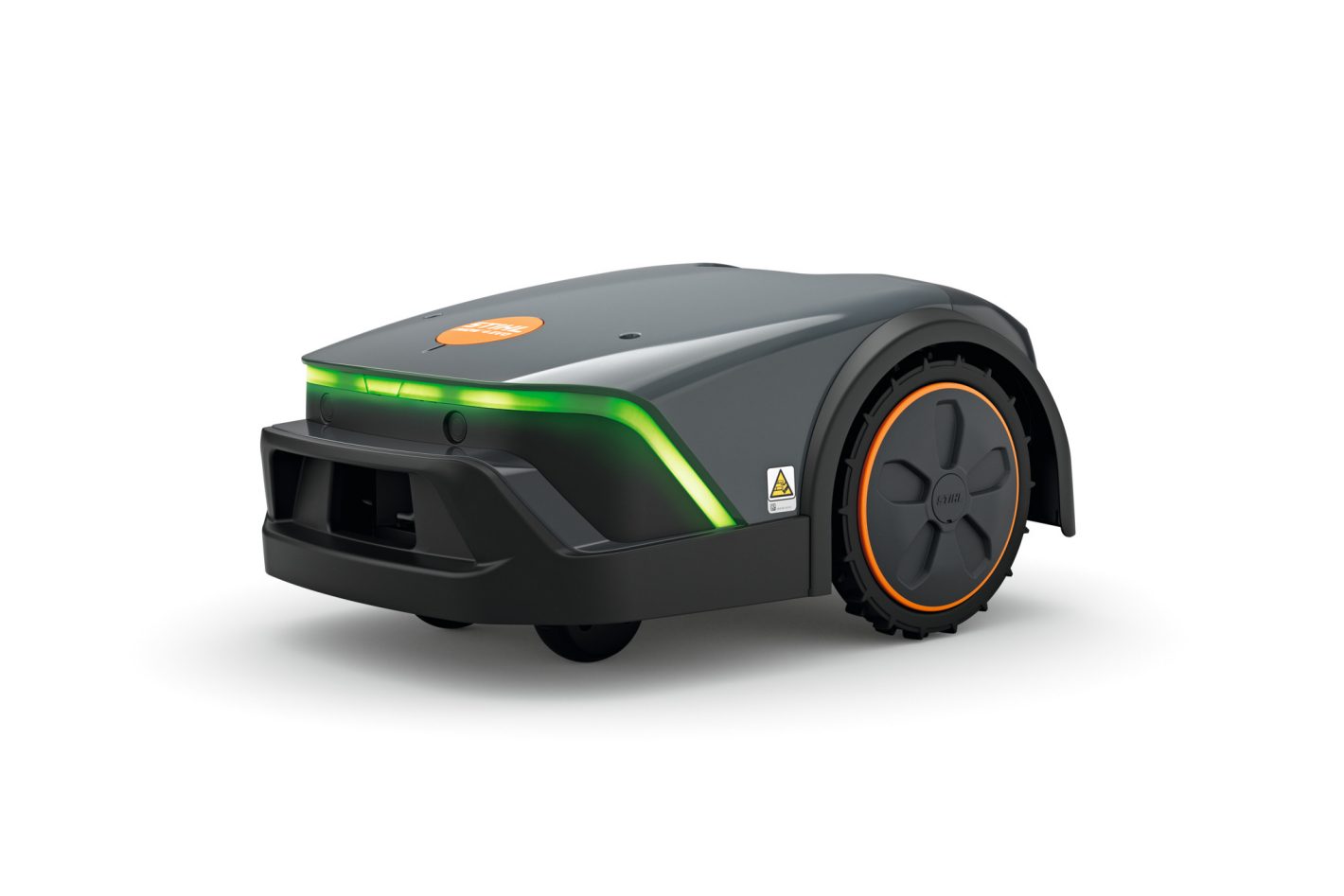 The Stihl iMOW 4.0 EVO (GB) robot mower, with a dark grey body, orange accents, and green LED strip, on a white background.