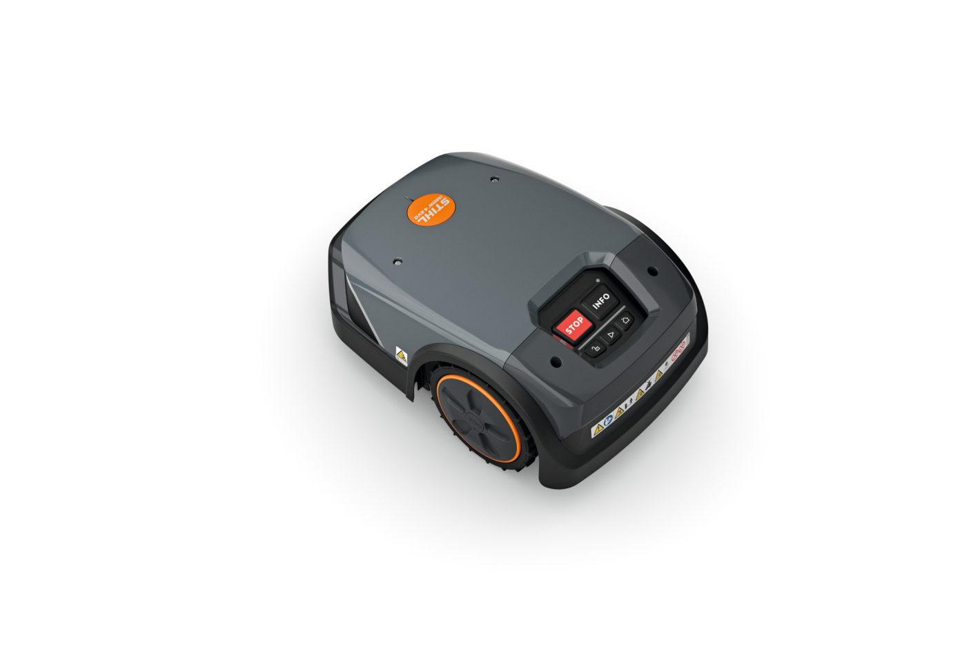The Stihl iMOW 4.0 EVO (GB) robot mower, with a dark grey body, orange accents, and green LED strip, on a white background.