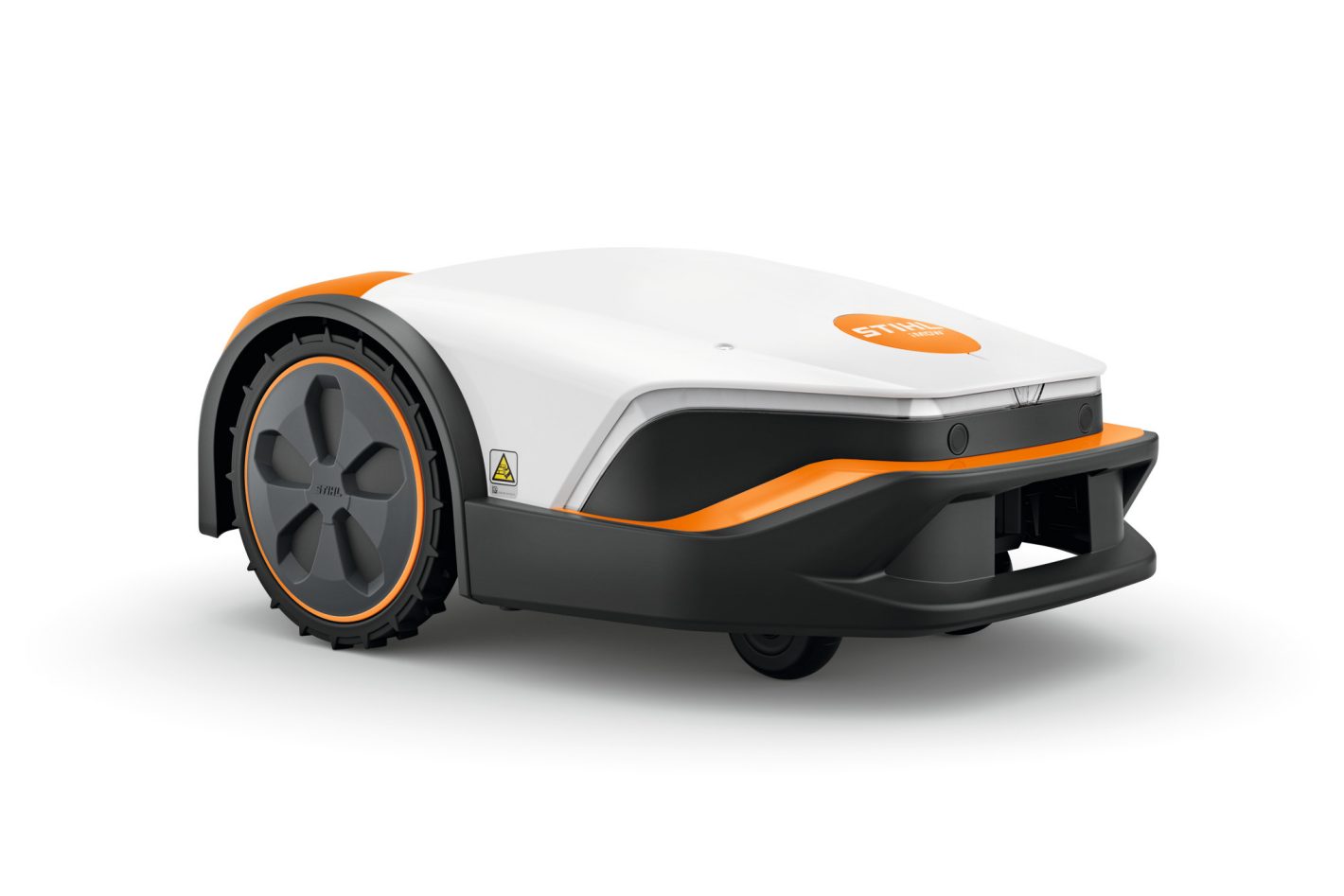 The Stihl iMOW 6.0 Robot Mower, white and orange with large black wheels and STIHL branding, sits on a plain white background.