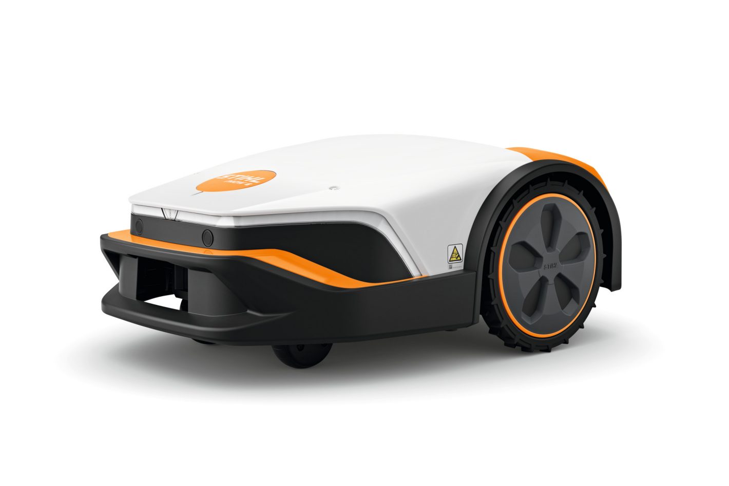 The Stihl iMOW 6.0 Robot Mower, white and orange with large black wheels and STIHL branding, sits on a plain white background.