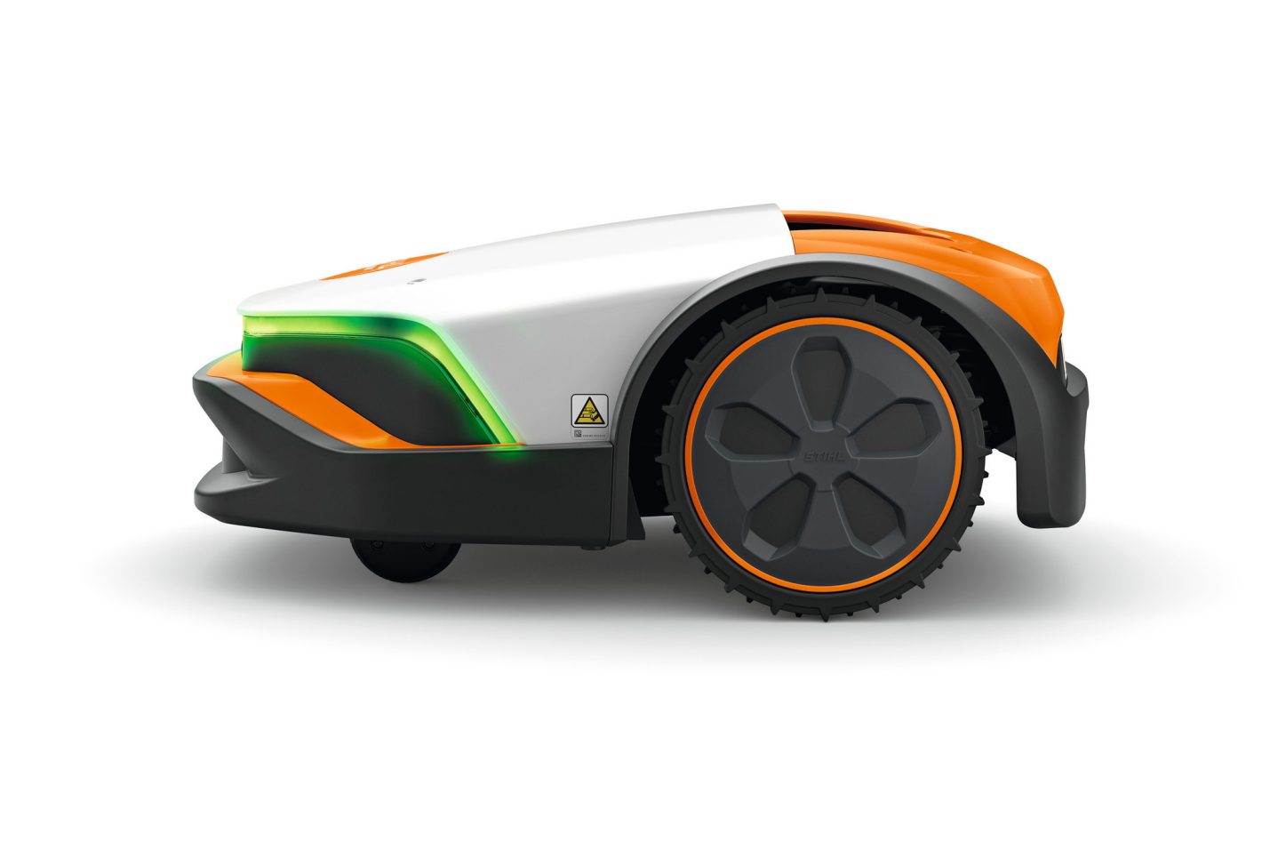 The Stihl iMOW 6.0 Robot Mower, white and orange with large black wheels and STIHL branding, sits on a plain white background.