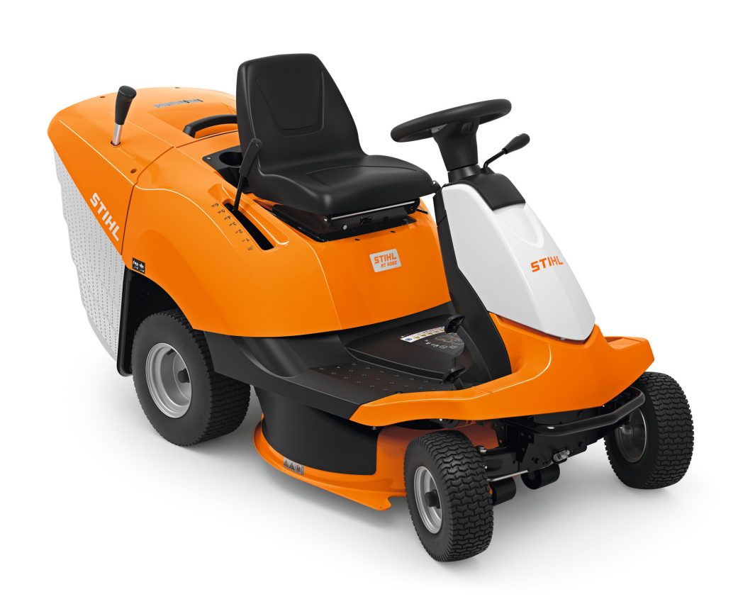 The Stihl RT 4082.1 Ride-on Mower has an orange and white body, black seat and steering wheel, and a rear grass collection box, front view.