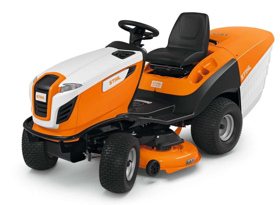 The Stihl RT 6112.1 ZL Ride-on Mower in orange, white, and black features a comfy seat, steering wheel, large tyres, and rear grass box.