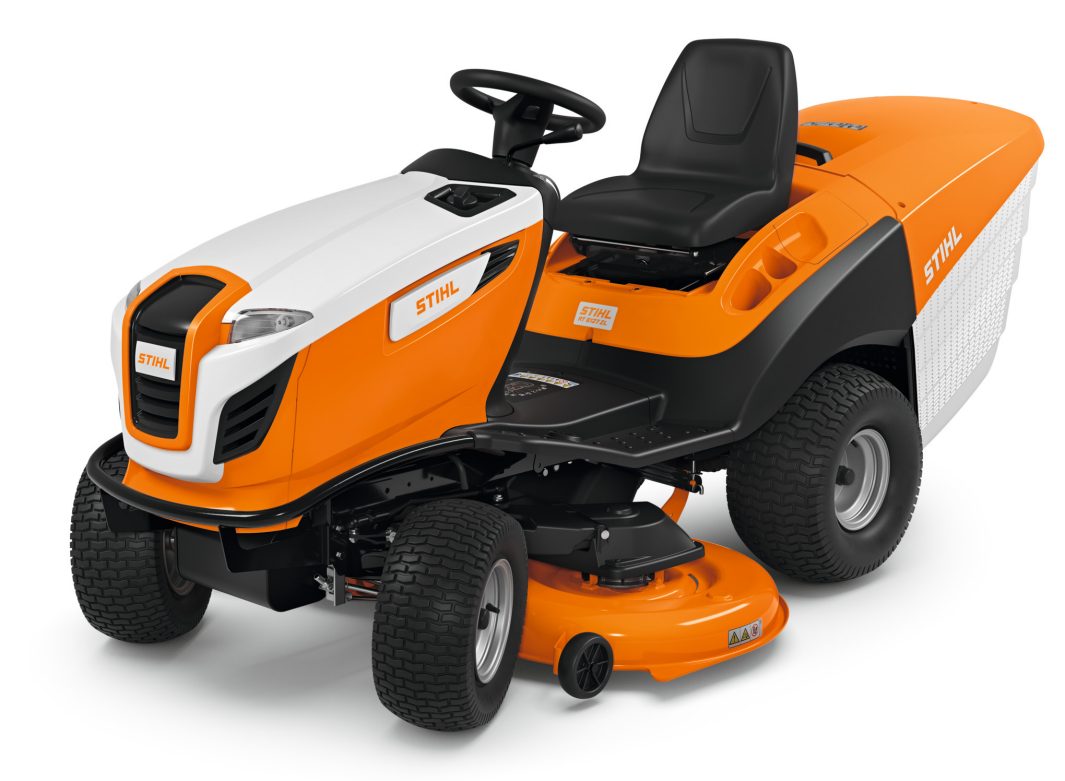 The Stihl RT 6127.1 ZL Ride-on Mower in orange and white with a black seat, steering wheel, and rear grass collector on white background.