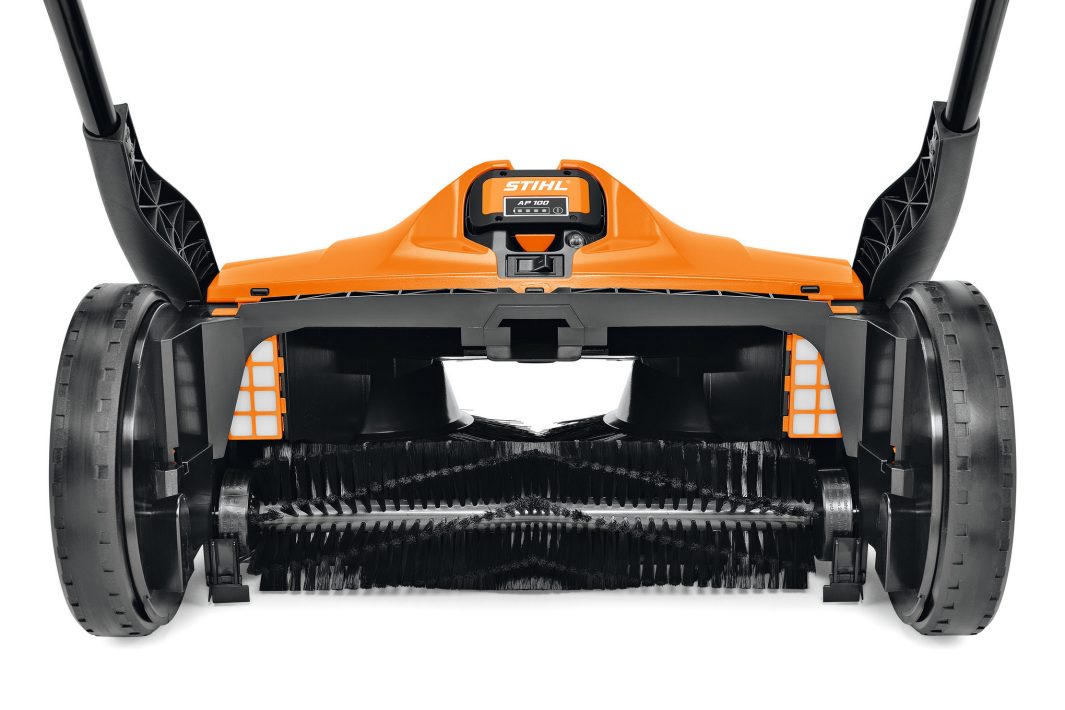 Close-up of the Stihl KGA 770.0 (AP) Sweeper’s underside, showing its rotating brushes and wheels for efficient debris collection.