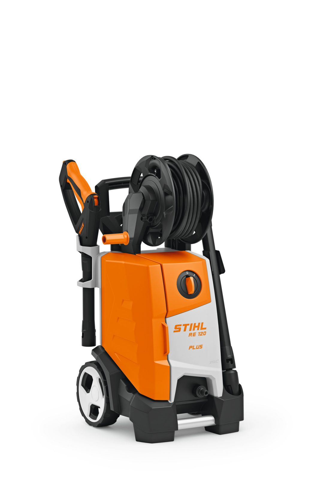 A Stihl RE 120 PLUS Pressure Washer in orange, white, and black with large wheels, hose reel, and carrying handle on a white background.