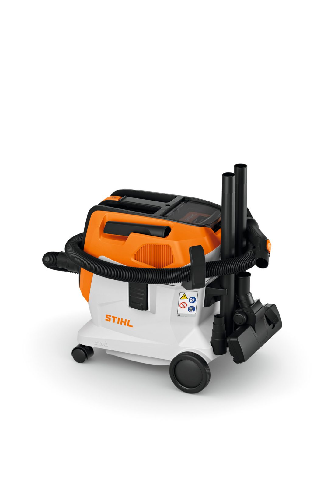 A compact Stihl SEA 60.0 (AK) Vacuum in orange, white, and black with hose, wheels, and side tools against a white background.