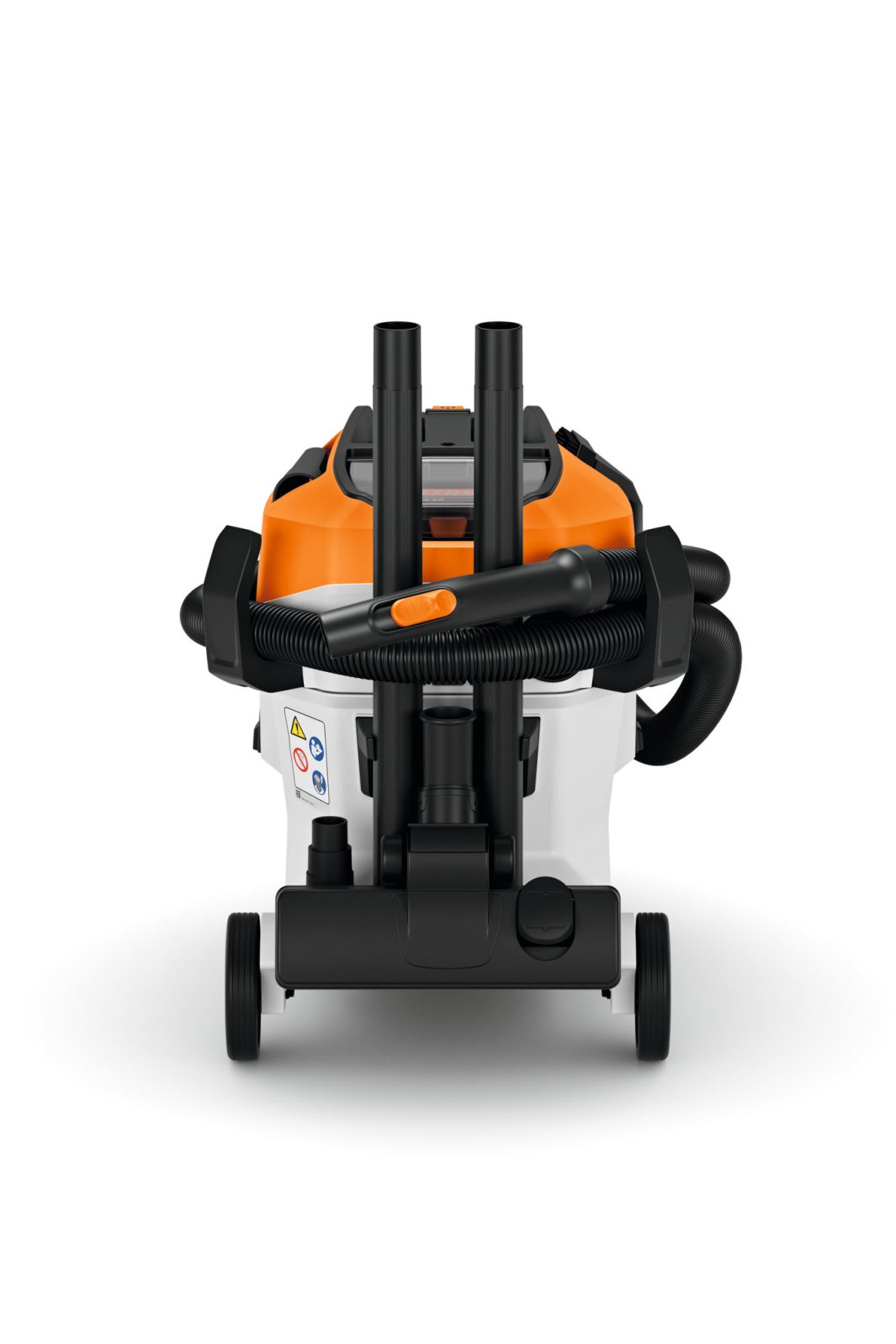 The Stihl SEA 60.0 (AK) Vacuum (No Batt&Chgr) is shown from the front on a white background, featuring orange and white colours, with black handles, hoses, and attachments.