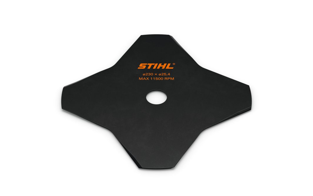 The Stihl Grass Cutting Blade 230mm (4b) is a black, four-edged blade designed for power tools with a central mounting hole.