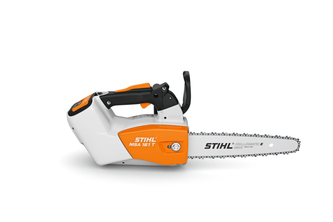 The Stihl MSA 161 T (AP) Chainsaw 25cm/10" features its orange and white body and black handle, shown on a white background.